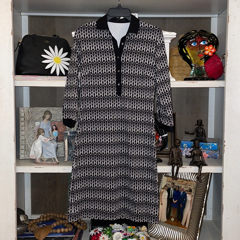 J. McLaughlin Black/Gray 3/4 Sleeve Button Front Collared Dress SZ S EUC